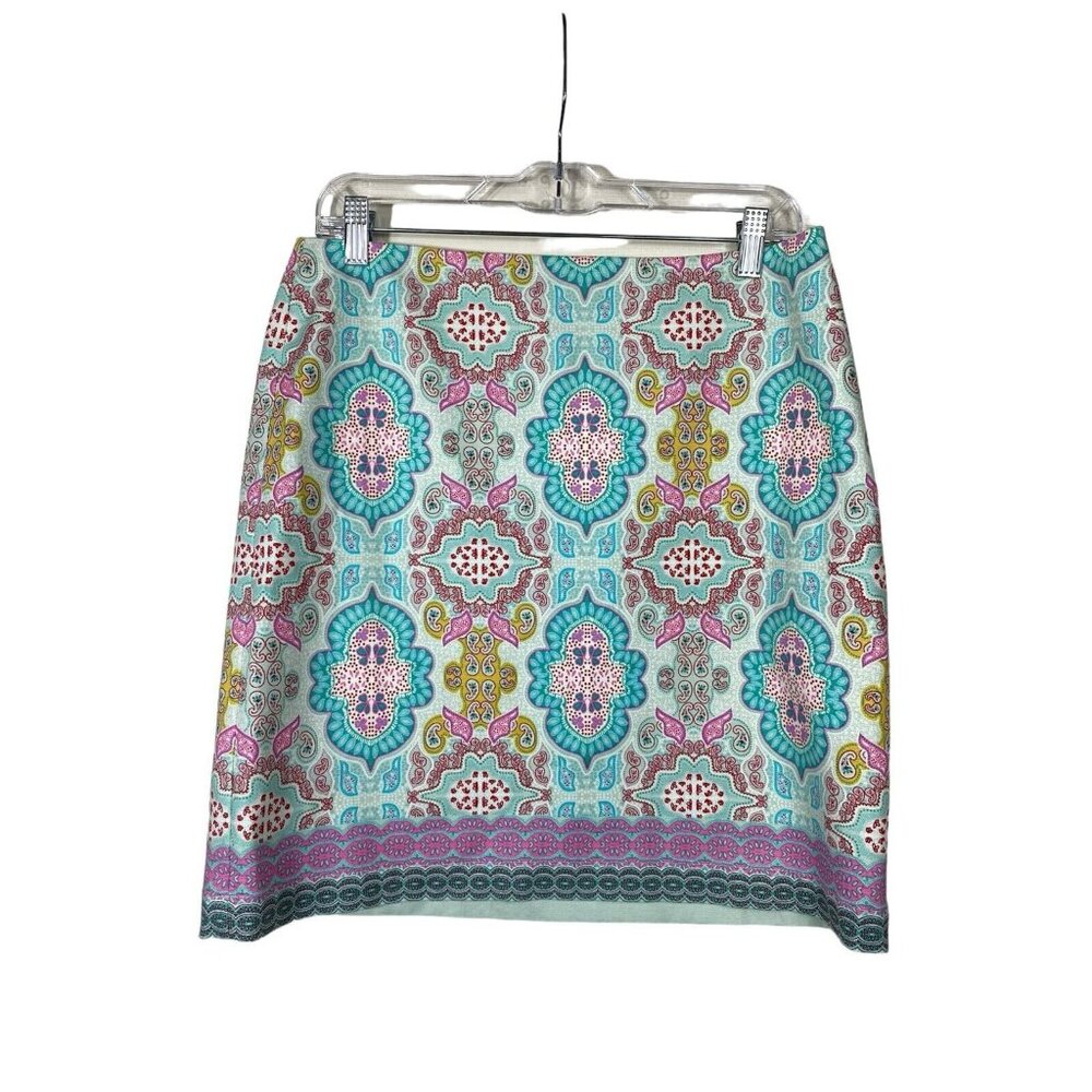 Talbots Women Pastel Artsy Pencil Skirt Size 6 Blue Pink Cotton Stretch Colorful
